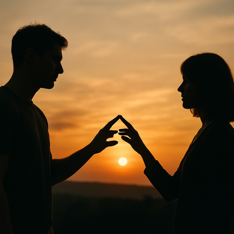 Schatten eines Paares, die sich mit ihren Händen berühren - ein Dreieck um die Sonne bilden. Symbol für die Anziehung Empathen und Narzisste